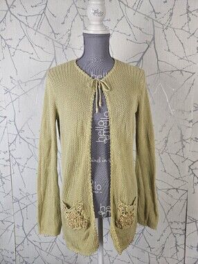 Eight Eight Eight Yellow Cotton Open Knit Beaded Tie Front Cardigan